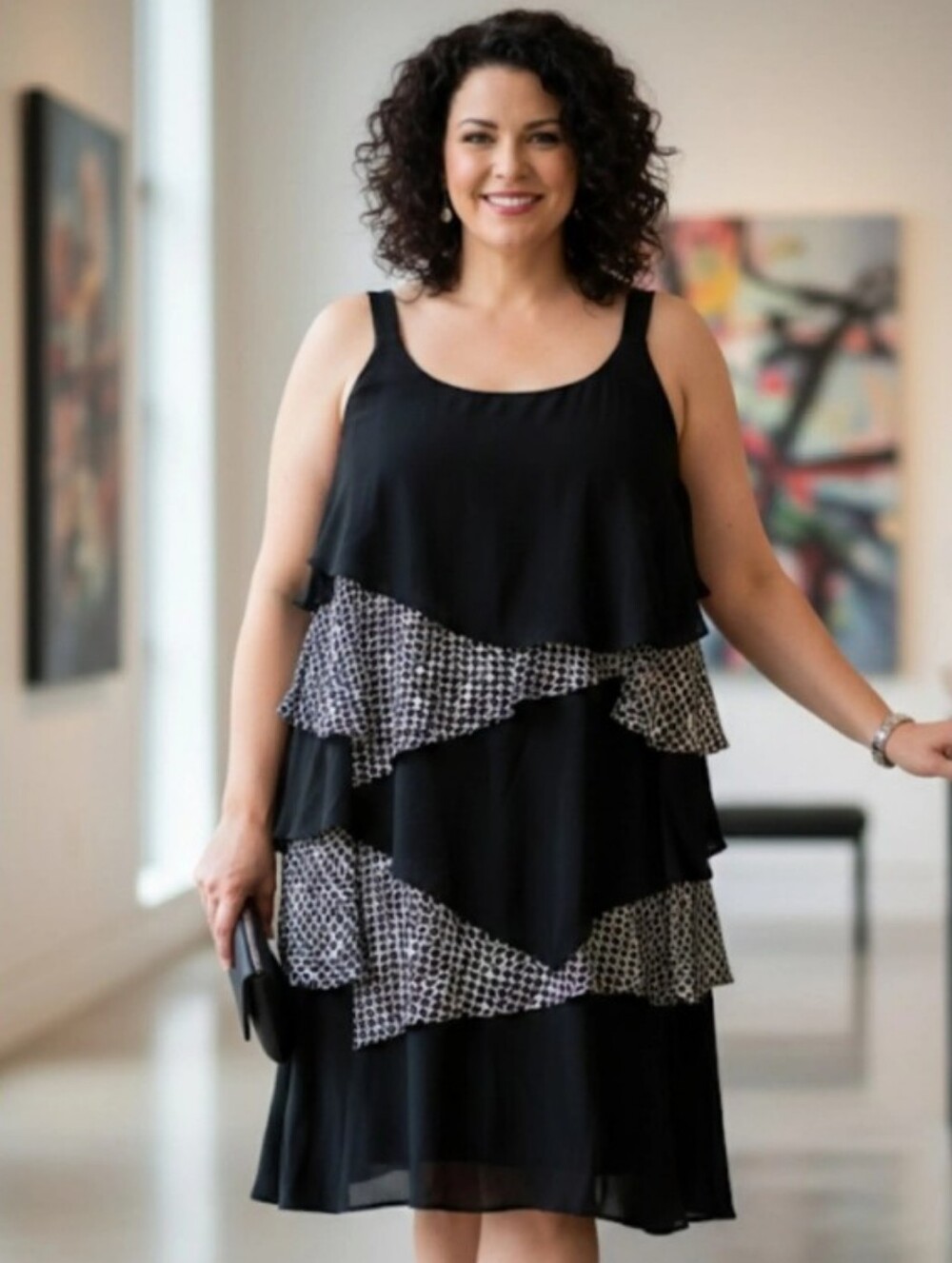 Avenue Womans Size 2X Black and White Tiered Ruffle Dress
